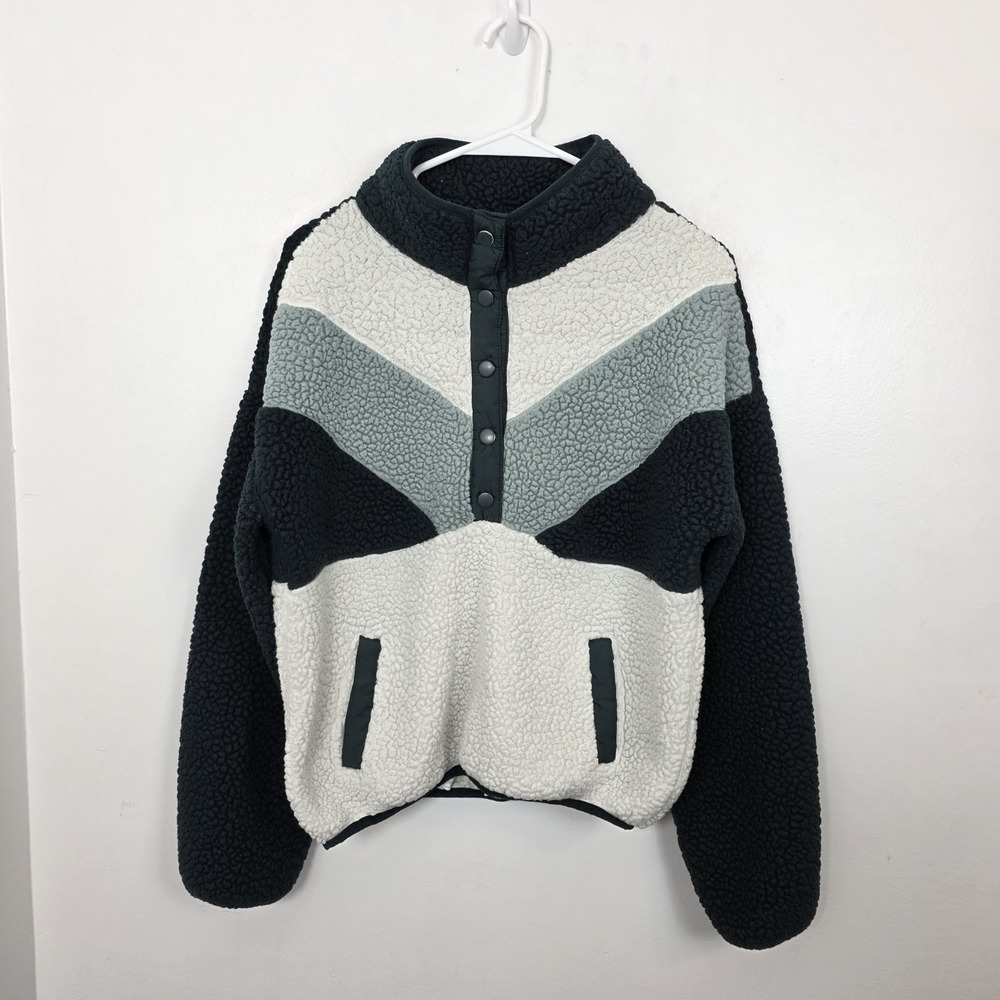 Mi Ami Dark Green White Colorblock Sherpa Fleece 1/2 Snap Pullover Jacket Size S